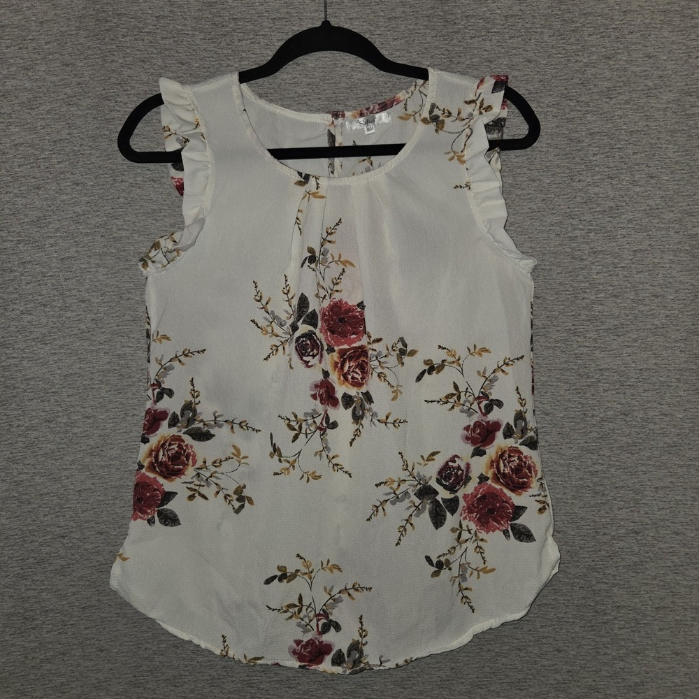 Sofia's Sheer Floral Pleated Neck Blouse Flowy Flutter Sleeve Top Women's Medium